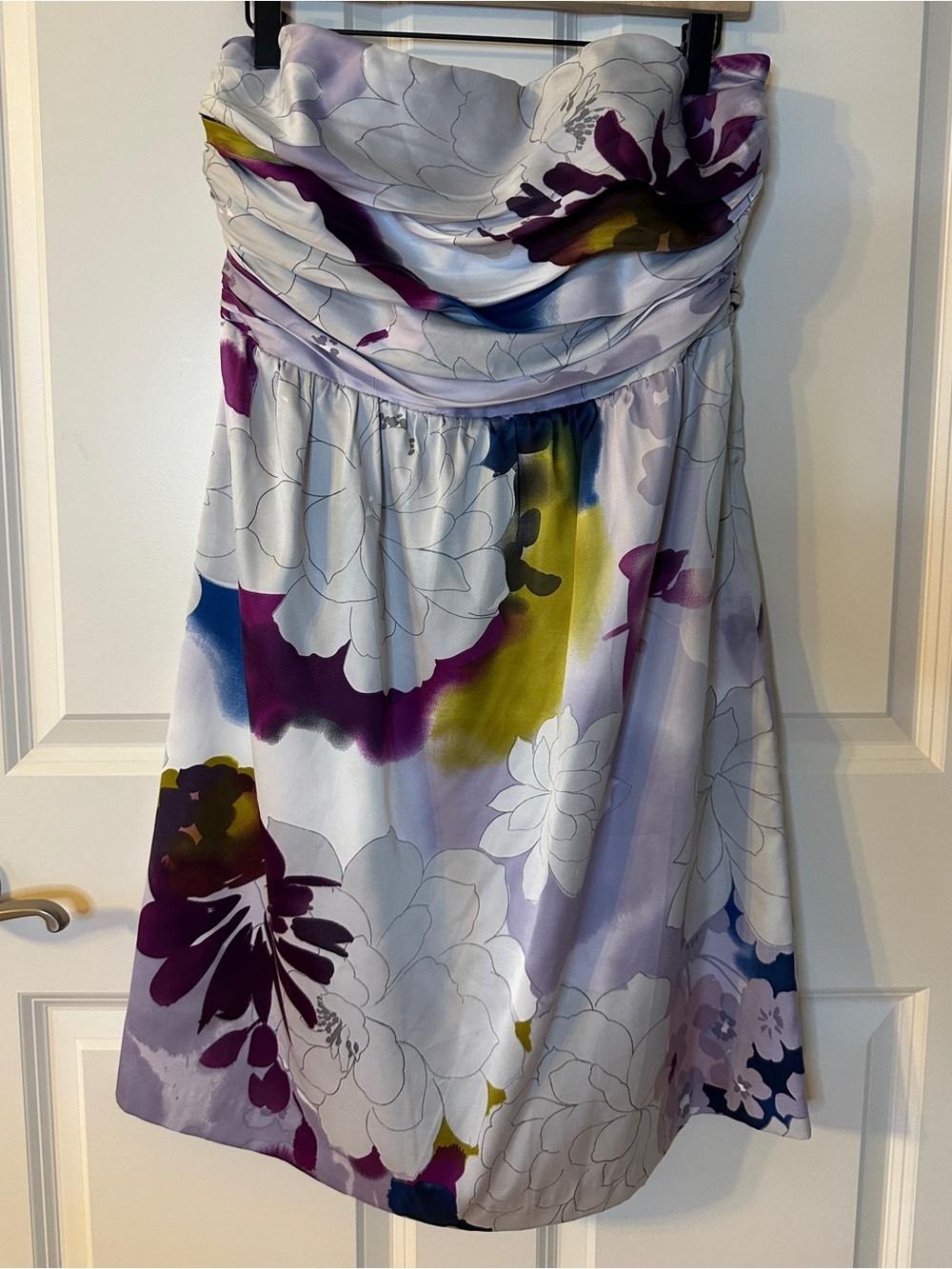 NWT Strapless Satin Floral Cocktail Dress Wedding Guest Ruched A-Line Party Mini